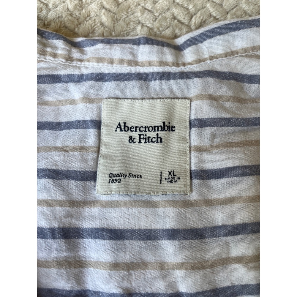 Abercrombie & Fitch Womens XL Blue Tan Striped Short Sleeve Button Down Shirt - Picture 2 of 3